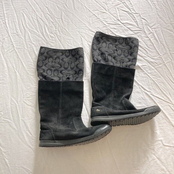 Vintage Coach Women’s Size 8.5 Tatum Black Logo Sock Cuff Boots Leather Wool - Picture 9 of 12